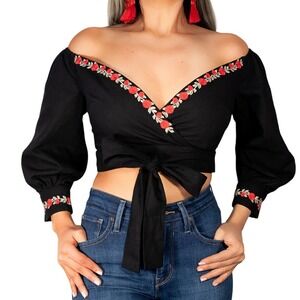 Hrencia Collection Black Off Shoulder Crop Top Red Rose Embroidered Women Size S
